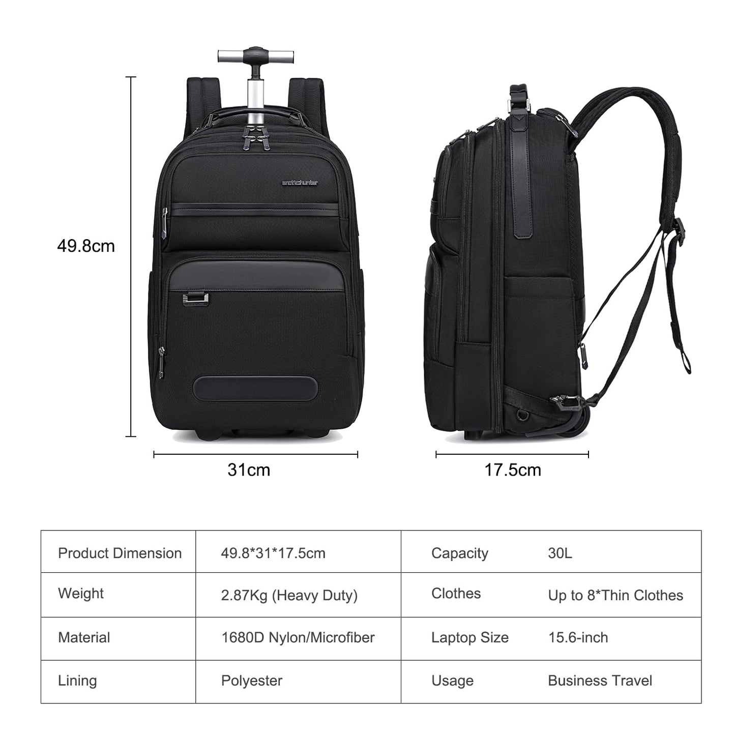 ah arctic hunter Trolley Business Backpack for Men 30L Office Travel Laptop Backpack Heavy Duty Backpack with 17-inch Laptop Pocket Water Resistant Backpack, Black