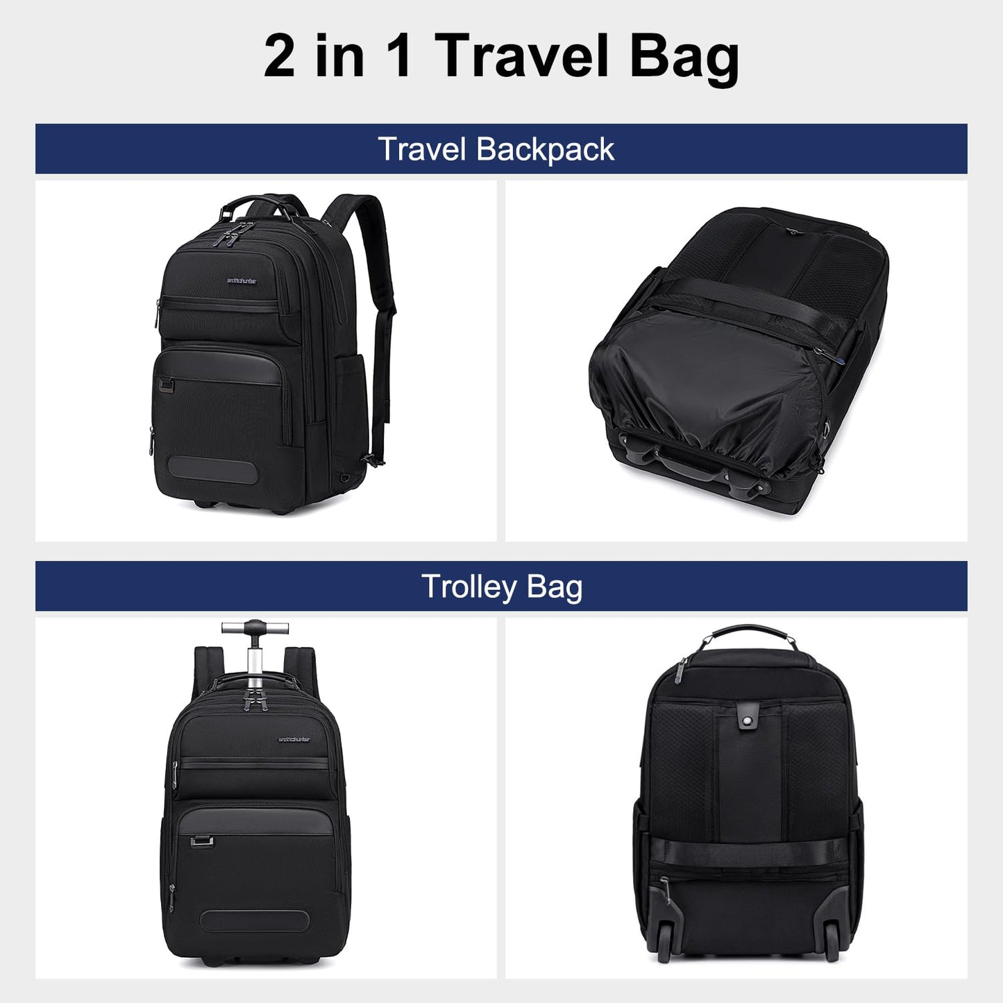 ah arctic hunter Trolley Business Backpack for Men 30L Office Travel Laptop Backpack Heavy Duty Backpack with 17-inch Laptop Pocket Water Resistant Backpack, Black