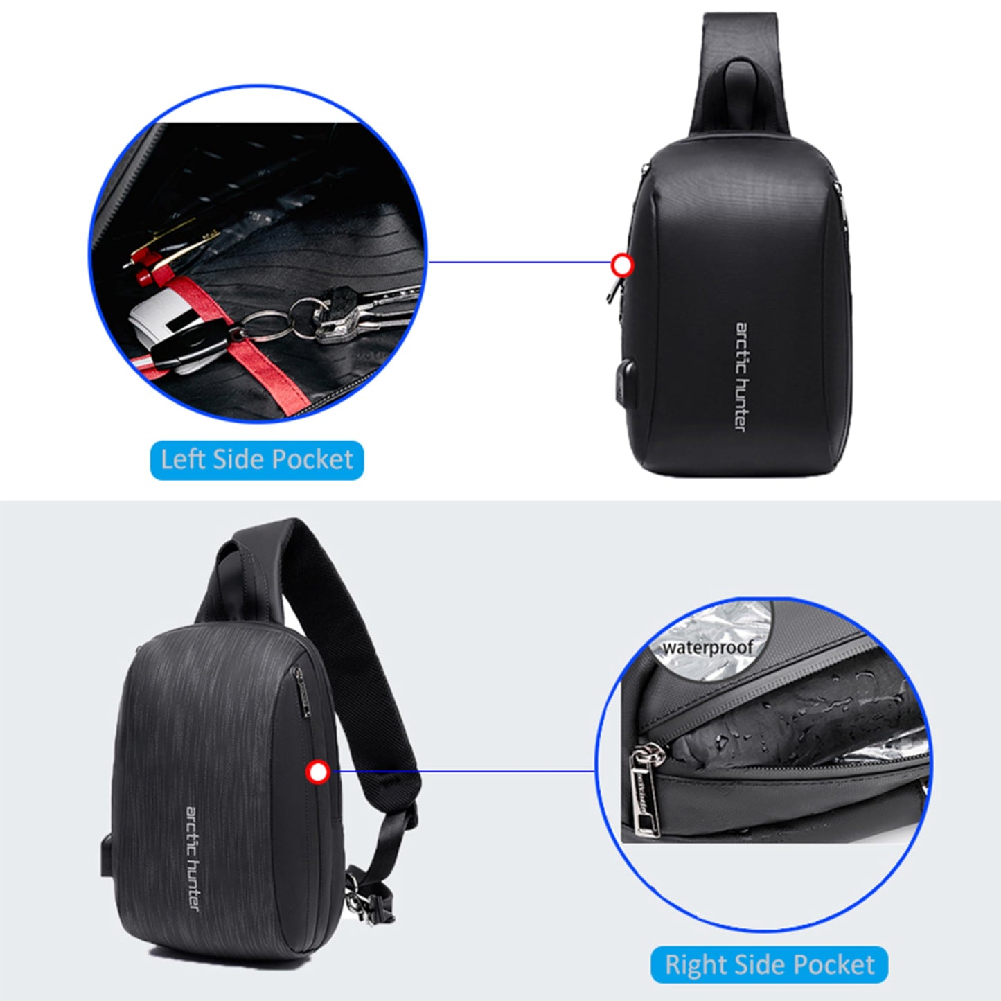 ah arctic hunter Cross-Body Sling Bag Water Resistant Anti-Theft Unisex Shoulder bag with Built in USB Port for Travel Business Shopping, XB00081 (Black)