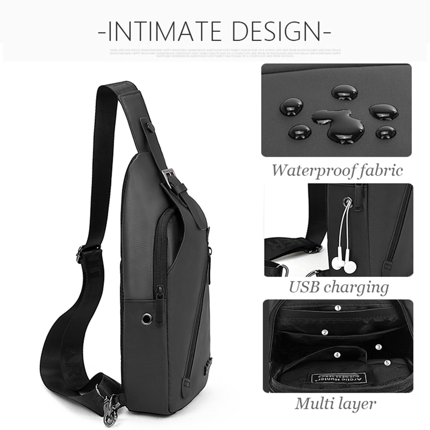 Water Resistant Side Bag for Men and Women Durable Small Shoulder bag with Built in Earphone Jack for Outdoor Travel Business and Daily Use, XB13006 (Black)